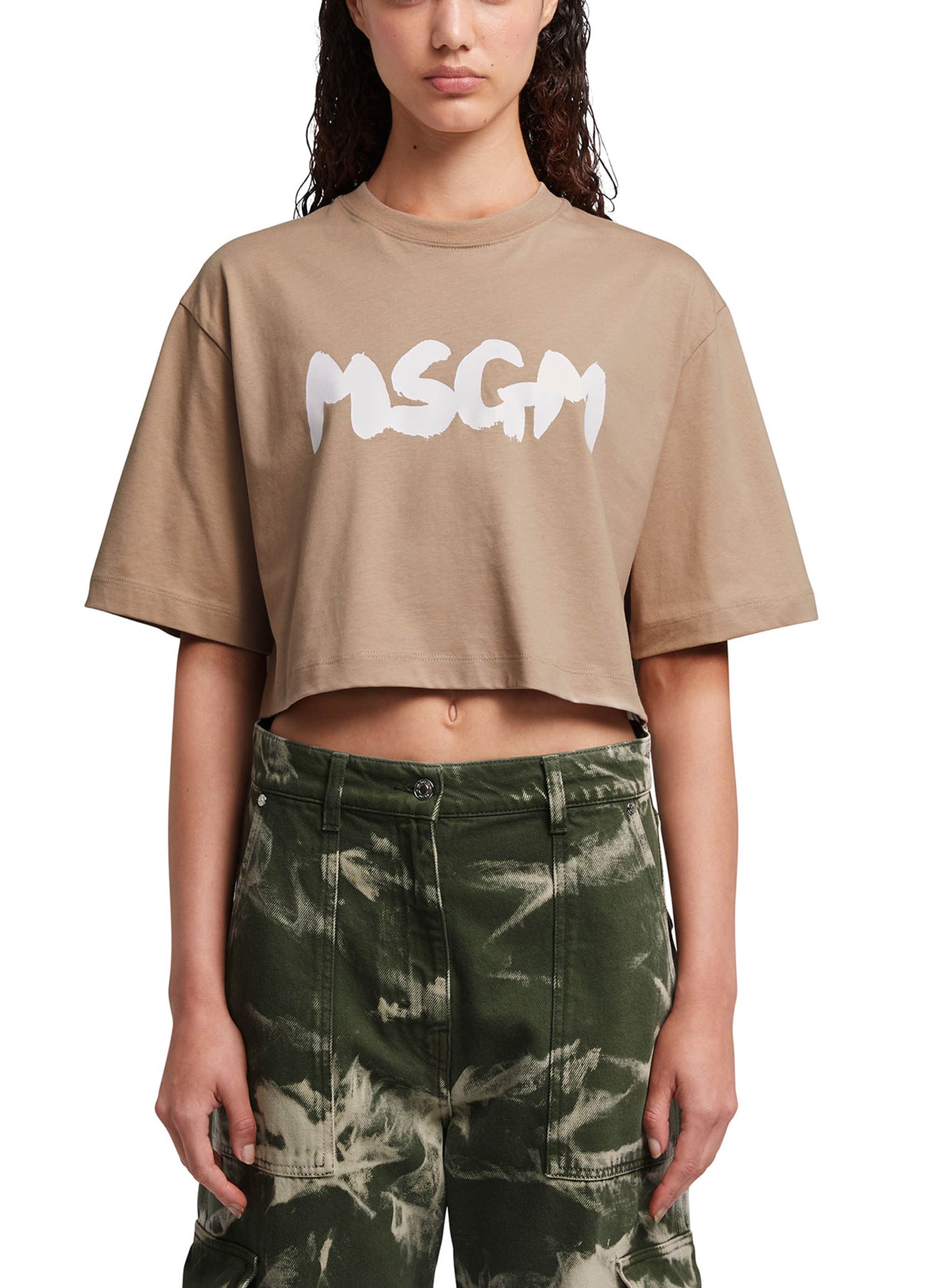 MSGM NEWブラッシュストロークロゴ クロップドTシャツ 詳細画像 ベージュ 2