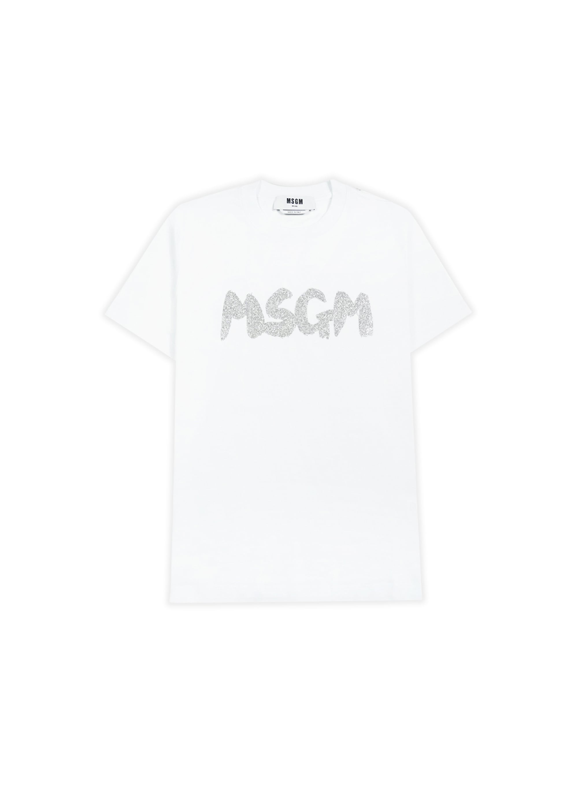 MSGM NEWブラッシュストロークロゴTシャツ＜GLITTER SILVER PRINT＞ 詳細画像 ホワイト 1