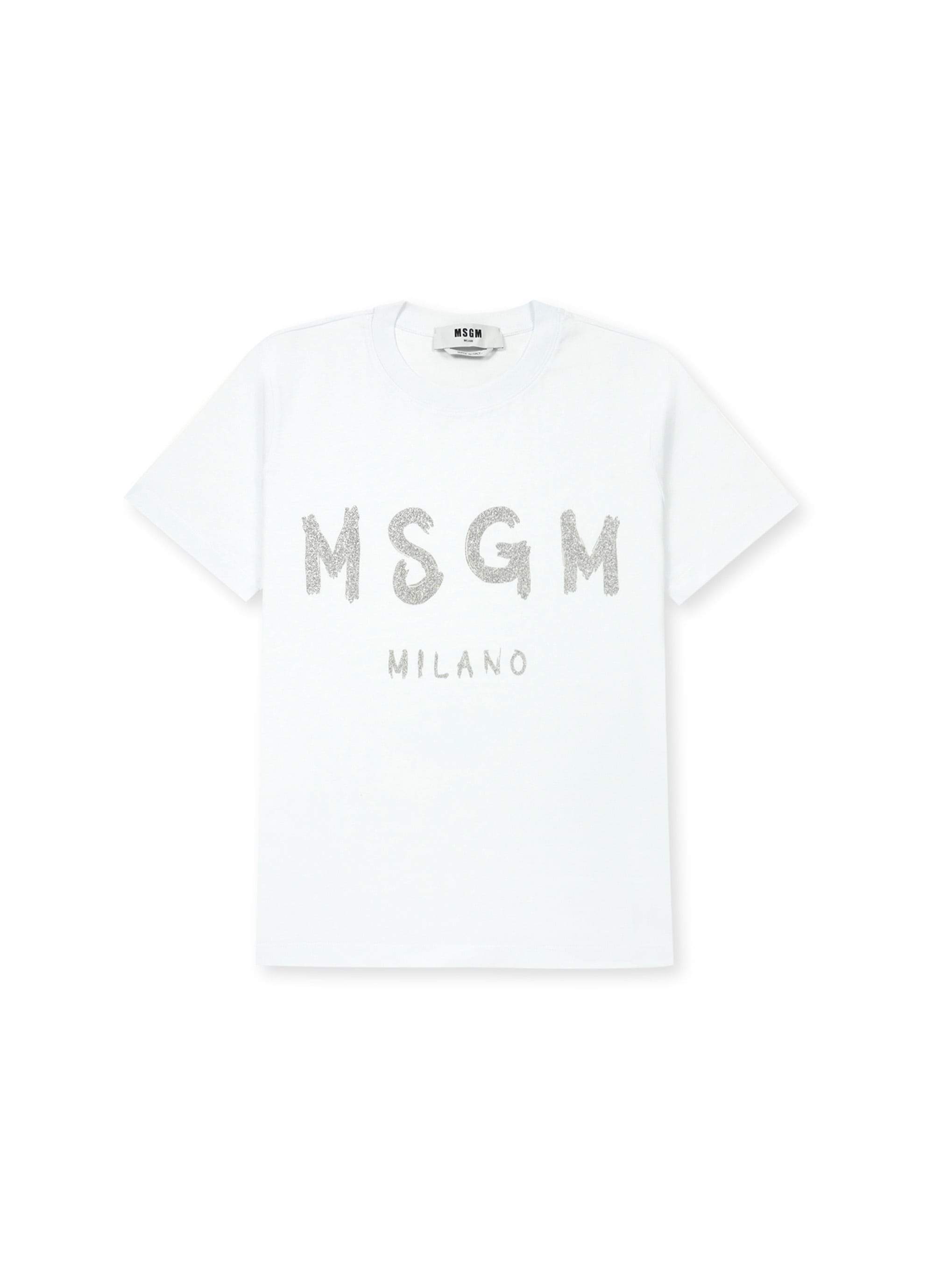 【NEW】MSGM ブラッシュロゴTシャツ【Japan Exclusive/GLITTER PRINT】 詳細画像 ホワイト×グリッターシルバー 1