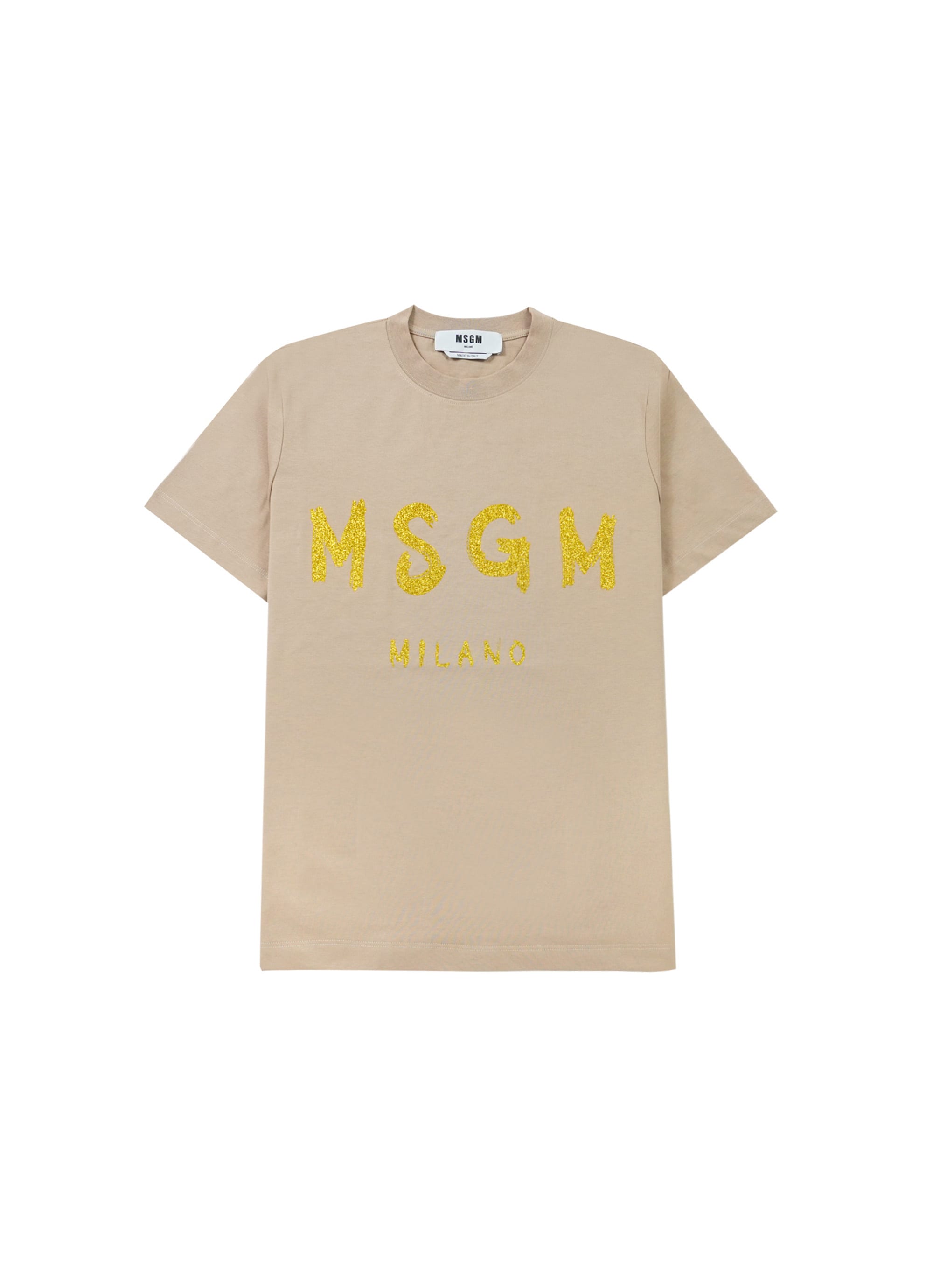 【NEW】MSGM ブラッシュロゴTシャツ【Japan Exclusive/GLITTER PRINT】 詳細画像 ベージュ×グリッターゴールド 1