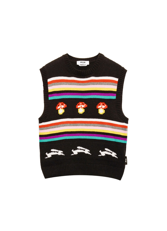 「FOLLOW THE RABBIT＆MUSHROOM」マルチジャガードニットベスト