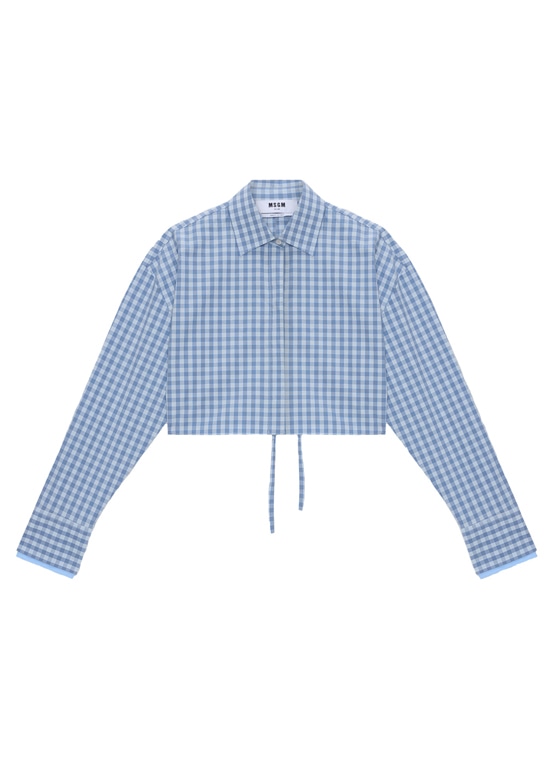 マイクロチェック バックオープン クロップドブラウス