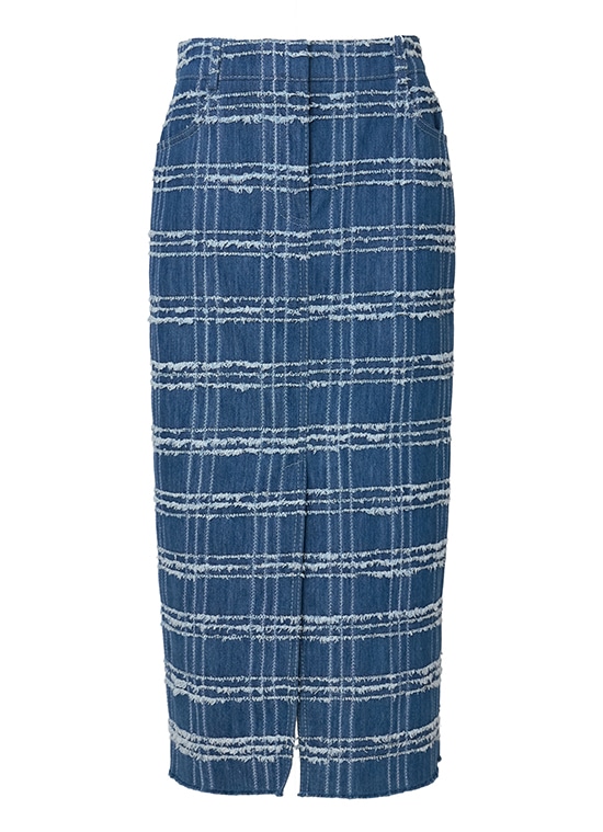 フリンジチェック ウォッシュドデニム ミディスカート