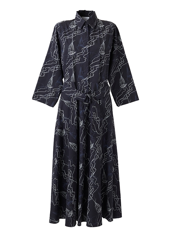 ヨットプリント コットンポプリンミディドレス