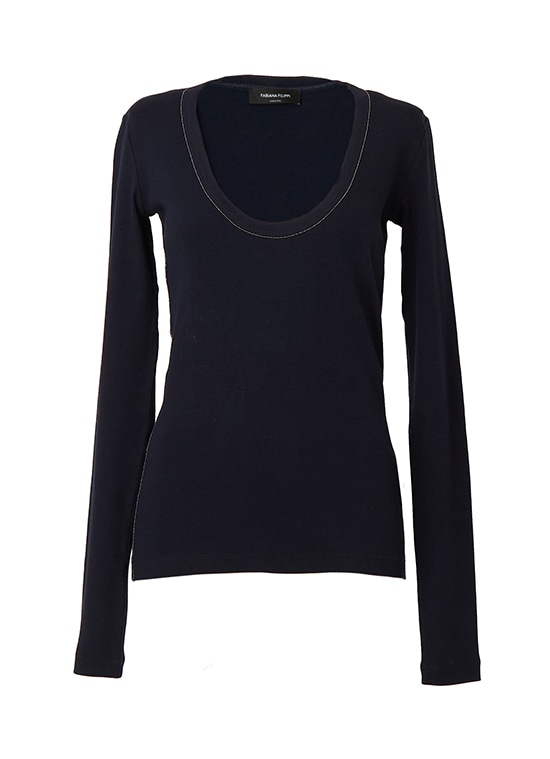 コットンオーバルネック長袖リブカットソー