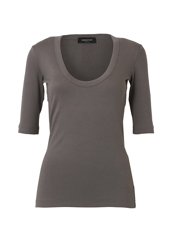 コットンオーバルネック半袖リブカットソー