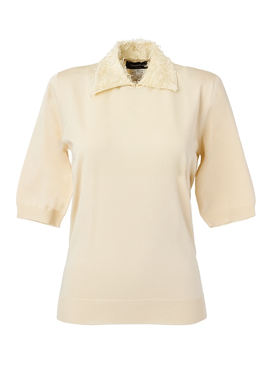 フリンジ襟付半袖ニット